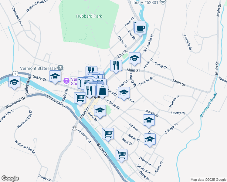 map of restaurants, bars, coffee shops, grocery stores, and more near 30 School St in Montpelier