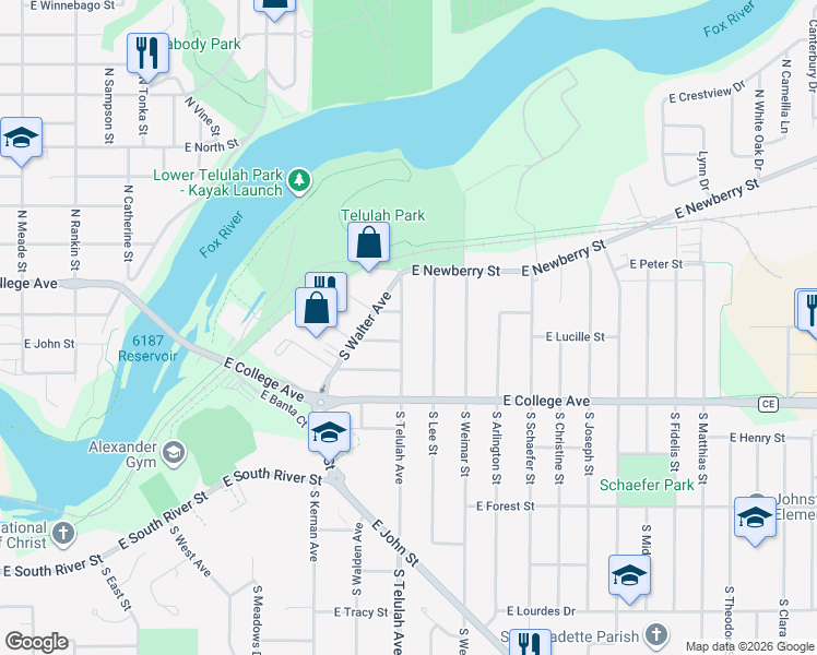 map of restaurants, bars, coffee shops, grocery stores, and more near 206 South Telulah Avenue in Appleton