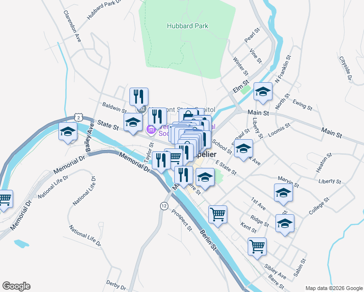 map of restaurants, bars, coffee shops, grocery stores, and more near 64 State Street in Montpelier