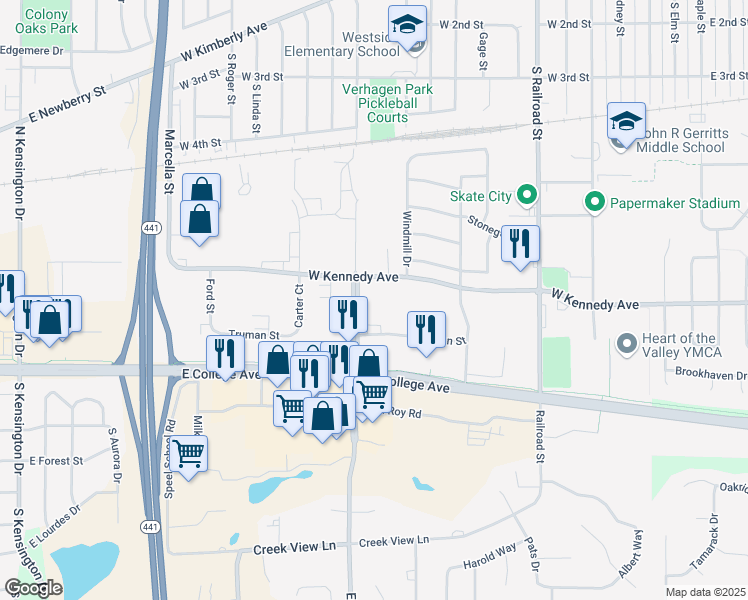 map of restaurants, bars, coffee shops, grocery stores, and more near 711 Eisenhower Drive in Kimberly