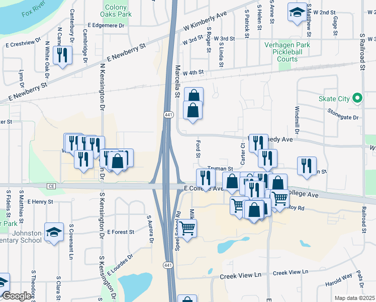 map of restaurants, bars, coffee shops, grocery stores, and more near 710 Ford Street in Kimberly