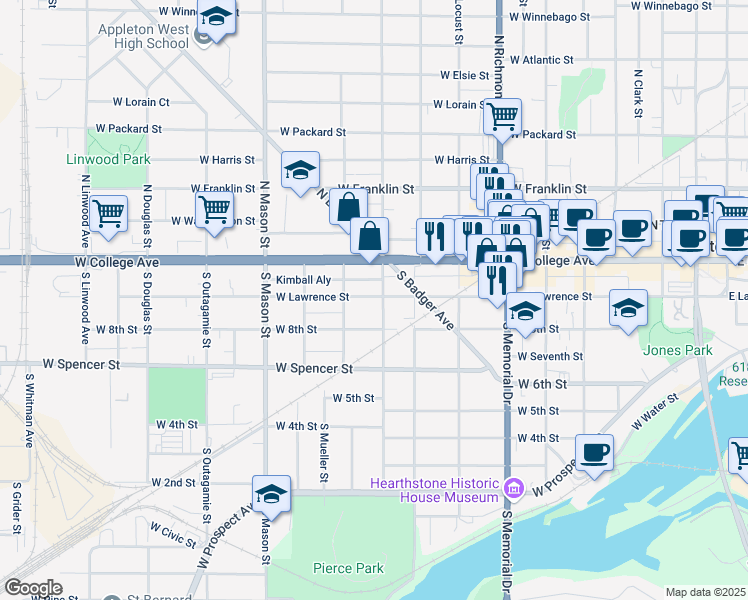 map of restaurants, bars, coffee shops, grocery stores, and more near in Appleton
