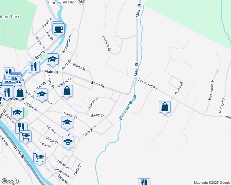 map of restaurants, bars, coffee shops, grocery stores, and more near 2 Emmons Street in Montpelier