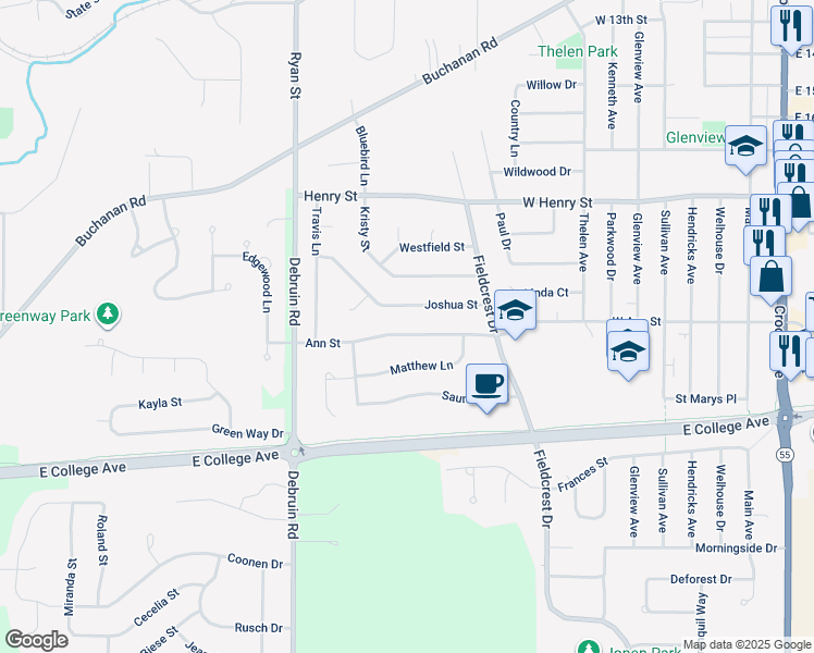 map of restaurants, bars, coffee shops, grocery stores, and more near 810 Ann Street in Kaukauna