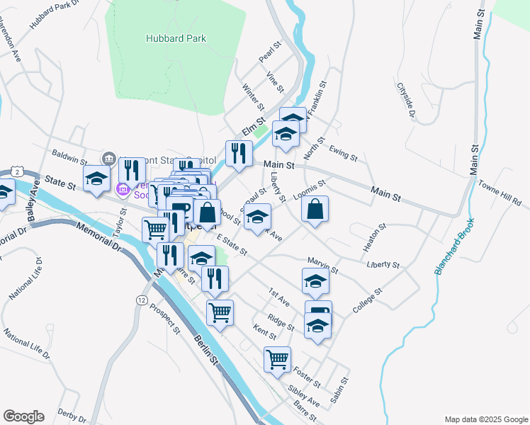 map of restaurants, bars, coffee shops, grocery stores, and more near 4 Loomis Street in Montpelier