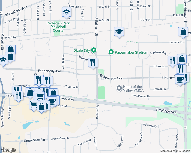 map of restaurants, bars, coffee shops, grocery stores, and more near 800 South Railroad Street in Kimberly