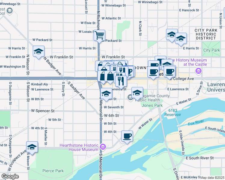 map of restaurants, bars, coffee shops, grocery stores, and more near 208 South State Street in Appleton