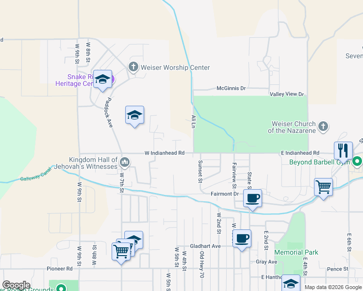 map of restaurants, bars, coffee shops, grocery stores, and more near 25 Lundberg Place in Weiser