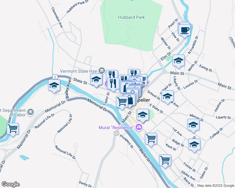 map of restaurants, bars, coffee shops, grocery stores, and more near 100 State Street in Montpelier