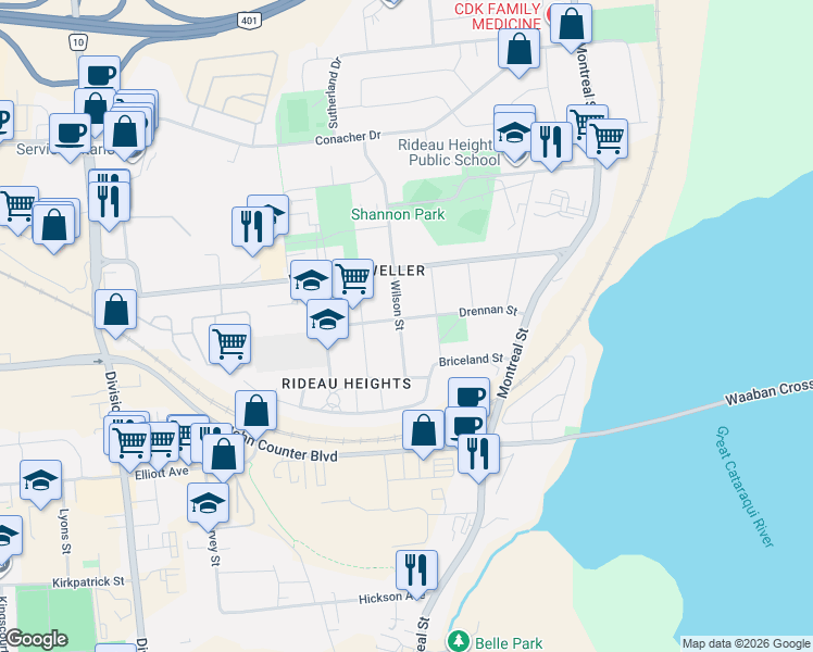 map of restaurants, bars, coffee shops, grocery stores, and more near 96 Drennan Street in Kingston