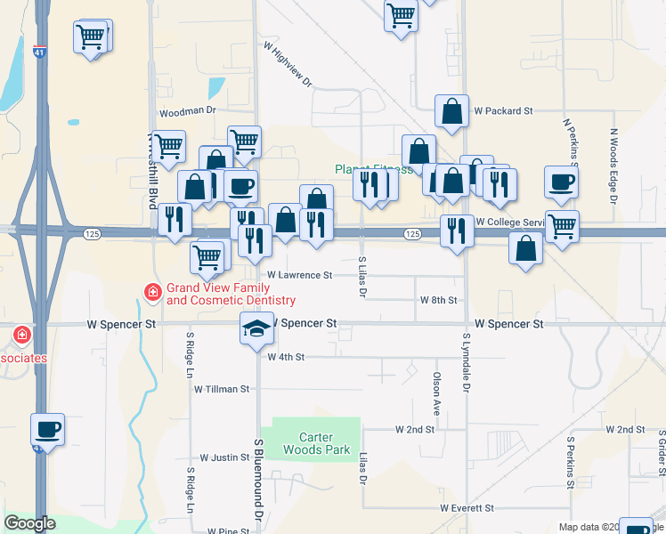 map of restaurants, bars, coffee shops, grocery stores, and more near 3004 West Lawrence Street in Appleton