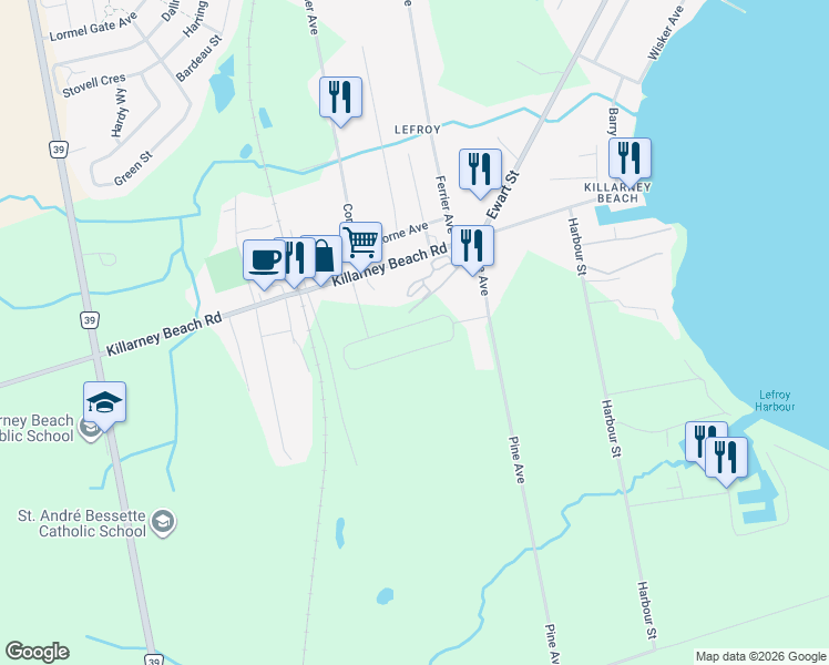 map of restaurants, bars, coffee shops, grocery stores, and more near 1283 Killarney Beach Road in Innisfil