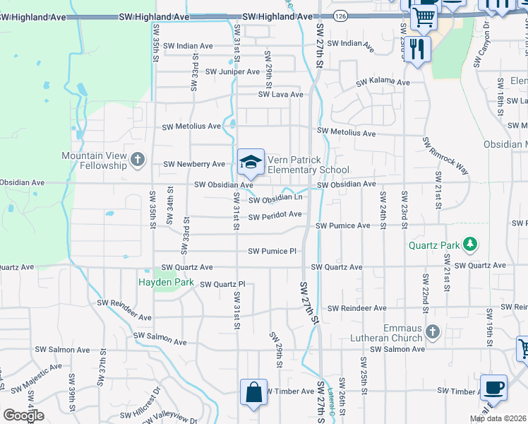 map of restaurants, bars, coffee shops, grocery stores, and more near 3004 Southwest Peridot Avenue in Redmond