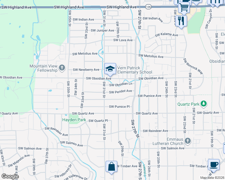 map of restaurants, bars, coffee shops, grocery stores, and more near 3004 Southwest Peridot Avenue in Redmond