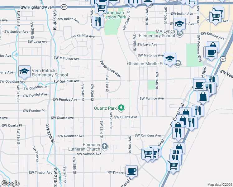 map of restaurants, bars, coffee shops, grocery stores, and more near 1620 Southwest Rimrock Way in Redmond