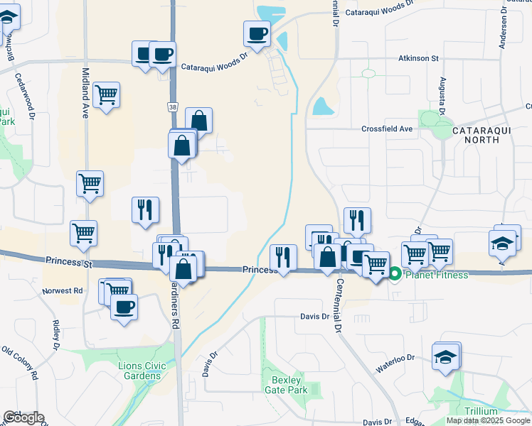 map of restaurants, bars, coffee shops, grocery stores, and more near 2500 Princess Street in Kingston