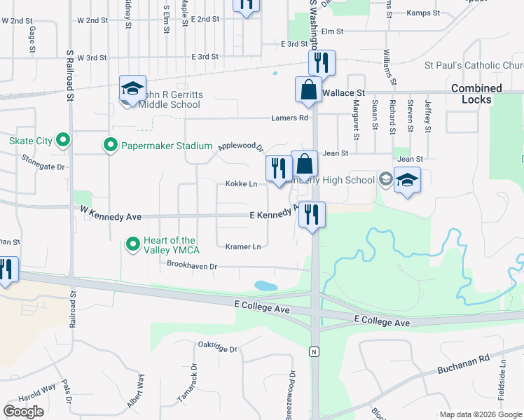 map of restaurants, bars, coffee shops, grocery stores, and more near 764 Rundquist Way in Kimberly