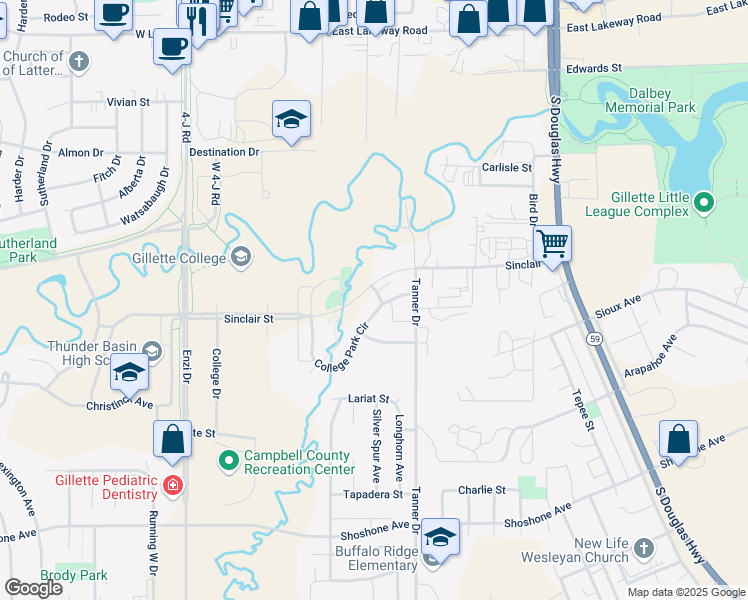 map of restaurants, bars, coffee shops, grocery stores, and more near 223 College Park Circle in Gillette