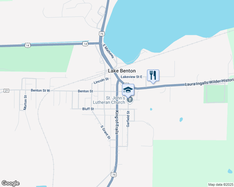 map of restaurants, bars, coffee shops, grocery stores, and more near 106 Fremont Street South in Lake Benton
