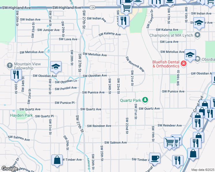 map of restaurants, bars, coffee shops, grocery stores, and more near 2443 Southwest Pumice Avenue in Redmond
