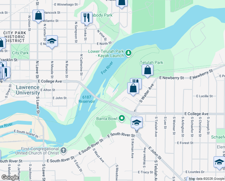 map of restaurants, bars, coffee shops, grocery stores, and more near 201 South Riverheath Way in Appleton