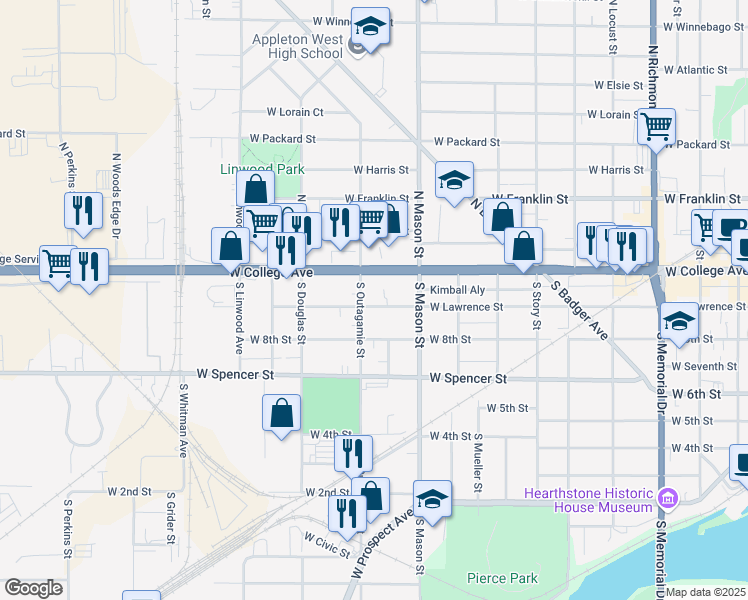 map of restaurants, bars, coffee shops, grocery stores, and more near 1346 West Lawrence Street in Appleton