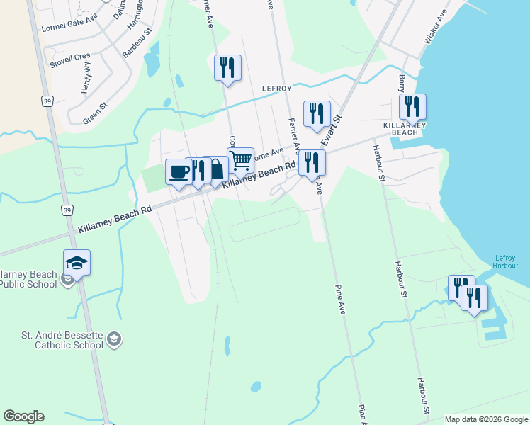 map of restaurants, bars, coffee shops, grocery stores, and more near 1320 Davis Loop in Innisfil