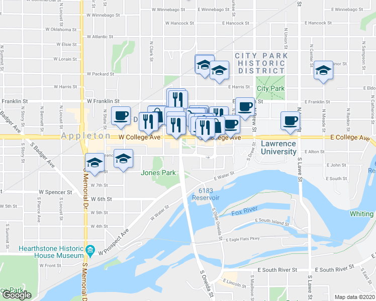 map of restaurants, bars, coffee shops, grocery stores, and more near 100 West Lawrence Street in Appleton