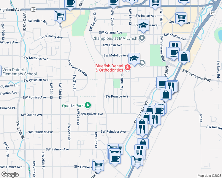 map of restaurants, bars, coffee shops, grocery stores, and more near 1650 Southwest 17th Street in Redmond
