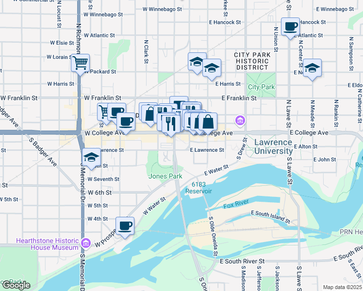 map of restaurants, bars, coffee shops, grocery stores, and more near 100 West Lawrence Street in Appleton