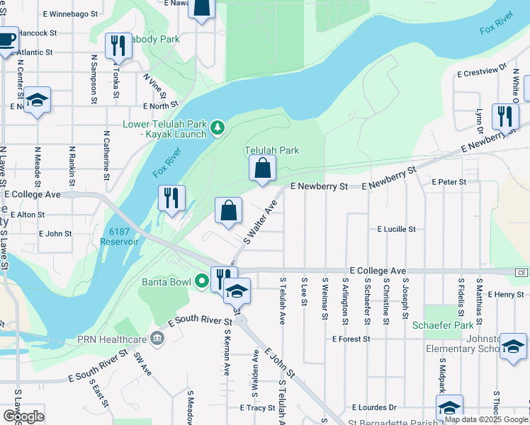 map of restaurants, bars, coffee shops, grocery stores, and more near 212 South Walter Avenue in Appleton