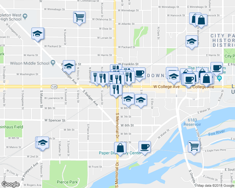 map of restaurants, bars, coffee shops, grocery stores, and more near 134 South Memorial Drive in Appleton