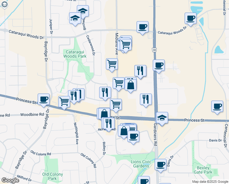 map of restaurants, bars, coffee shops, grocery stores, and more near 1057 Midland Avenue in Kingston
