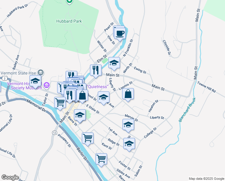 map of restaurants, bars, coffee shops, grocery stores, and more near 19 Liberty Street in Montpelier