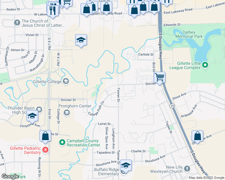map of restaurants, bars, coffee shops, grocery stores, and more near 223 College Park Circle in Gillette