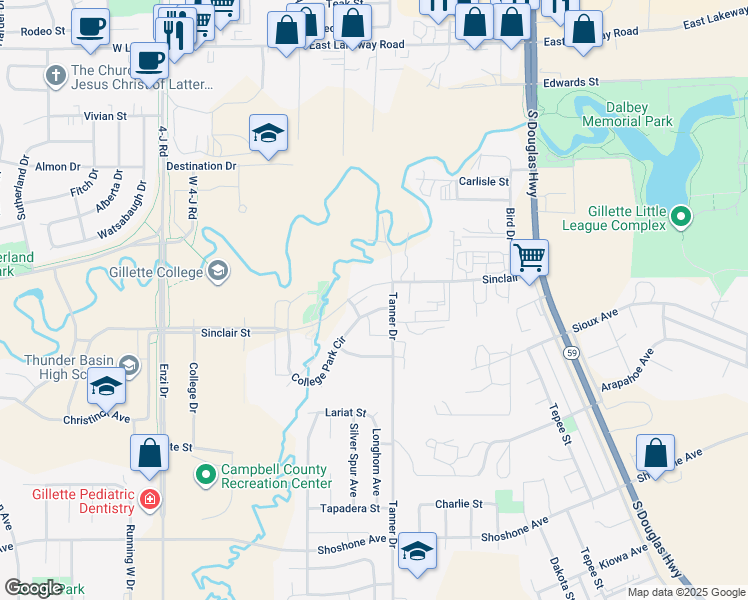 map of restaurants, bars, coffee shops, grocery stores, and more near 224 College Park Circle in Gillette