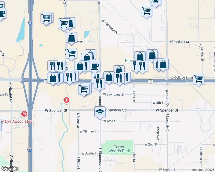 map of restaurants, bars, coffee shops, grocery stores, and more near W College Service Rd in Outagamie