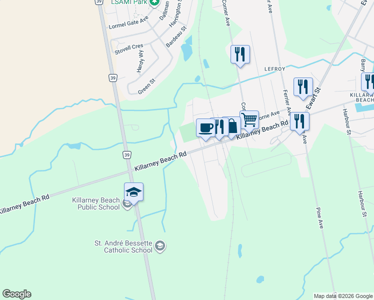 map of restaurants, bars, coffee shops, grocery stores, and more near 1424 Killarney Beach Road in Innisfil