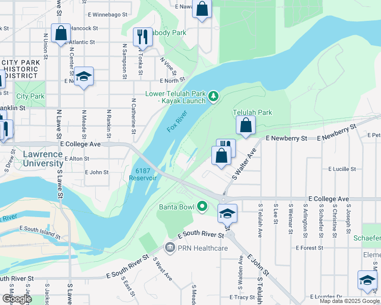 map of restaurants, bars, coffee shops, grocery stores, and more near 161 S Riverheath Way in Appleton