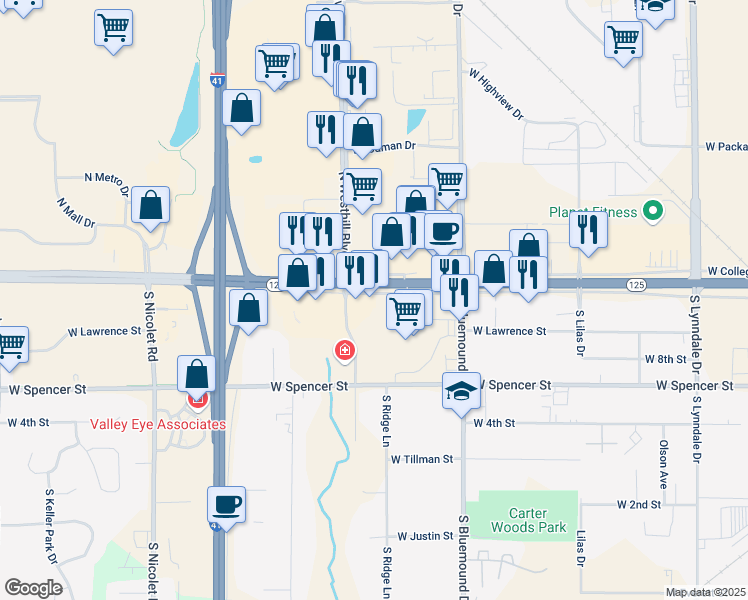 map of restaurants, bars, coffee shops, grocery stores, and more near 3633 West College Service Road in Appleton