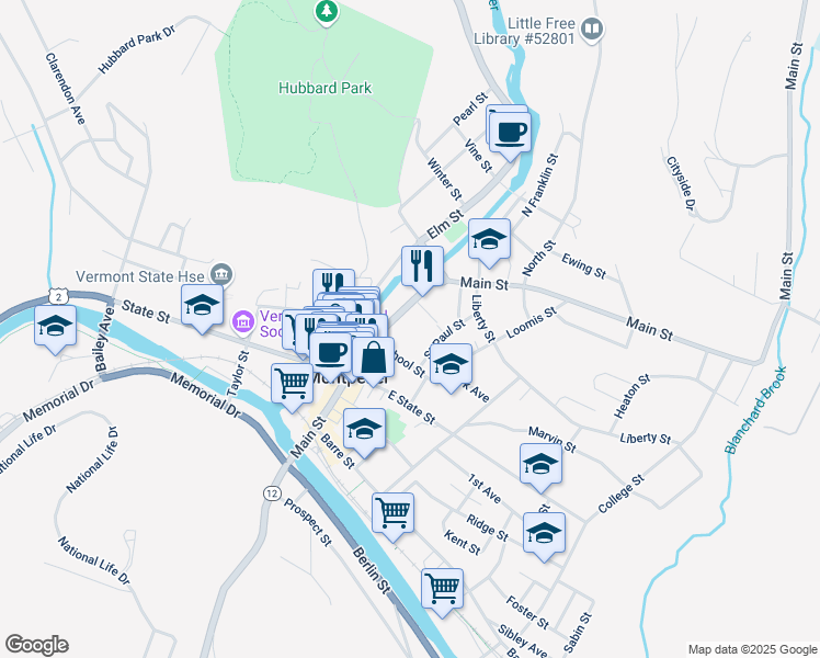 map of restaurants, bars, coffee shops, grocery stores, and more near 145 Vermont 12 in Montpelier