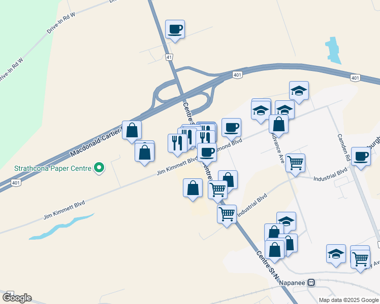 map of restaurants, bars, coffee shops, grocery stores, and more near 9 Jim Kimmett Boulevard in Napanee