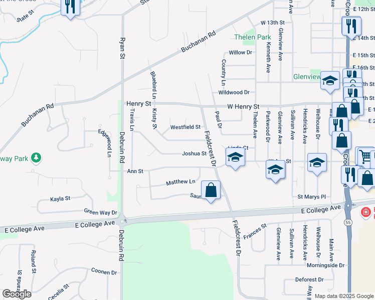 map of restaurants, bars, coffee shops, grocery stores, and more near 713 Kristy Street in Kaukauna