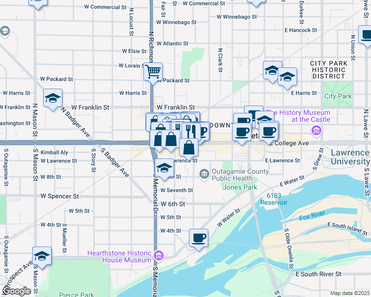 map of restaurants, bars, coffee shops, grocery stores, and more near 514 West College Avenue in Appleton