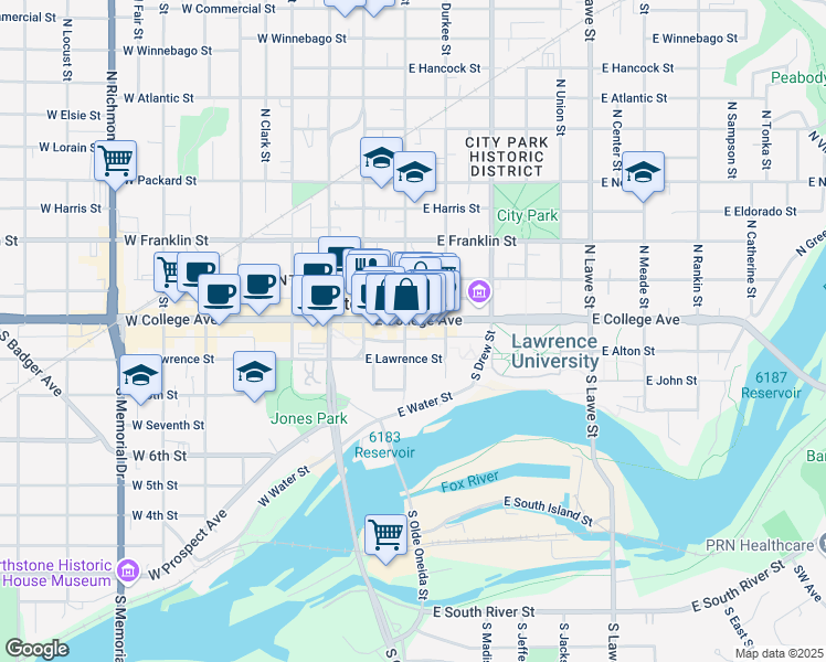 map of restaurants, bars, coffee shops, grocery stores, and more near 204 East College Avenue in Appleton