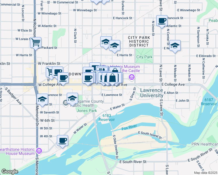 map of restaurants, bars, coffee shops, grocery stores, and more near 10 South Oneida Street in Appleton