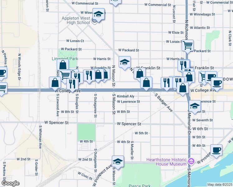 map of restaurants, bars, coffee shops, grocery stores, and more near 1230 West College Avenue in Appleton