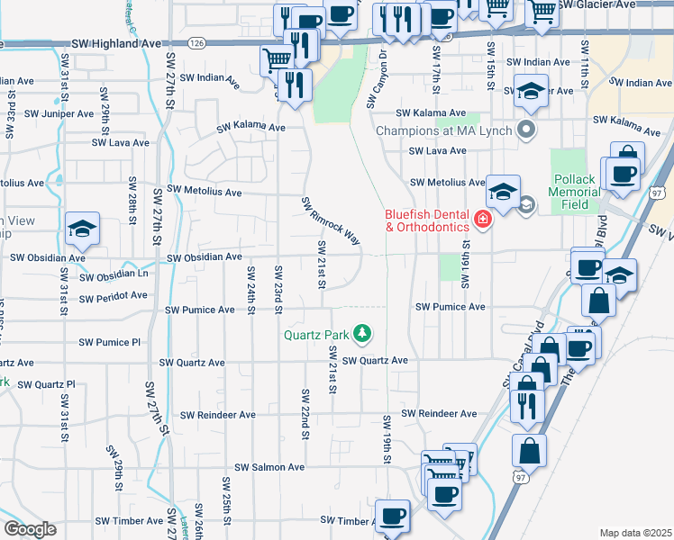 map of restaurants, bars, coffee shops, grocery stores, and more near 2030 Southwest Obsidian Avenue in Redmond