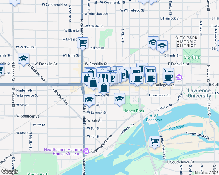 map of restaurants, bars, coffee shops, grocery stores, and more near 423 West College Avenue in Appleton