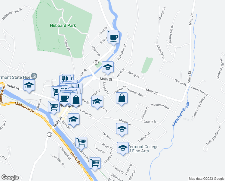 map of restaurants, bars, coffee shops, grocery stores, and more near 26 Loomis Street in Montpelier